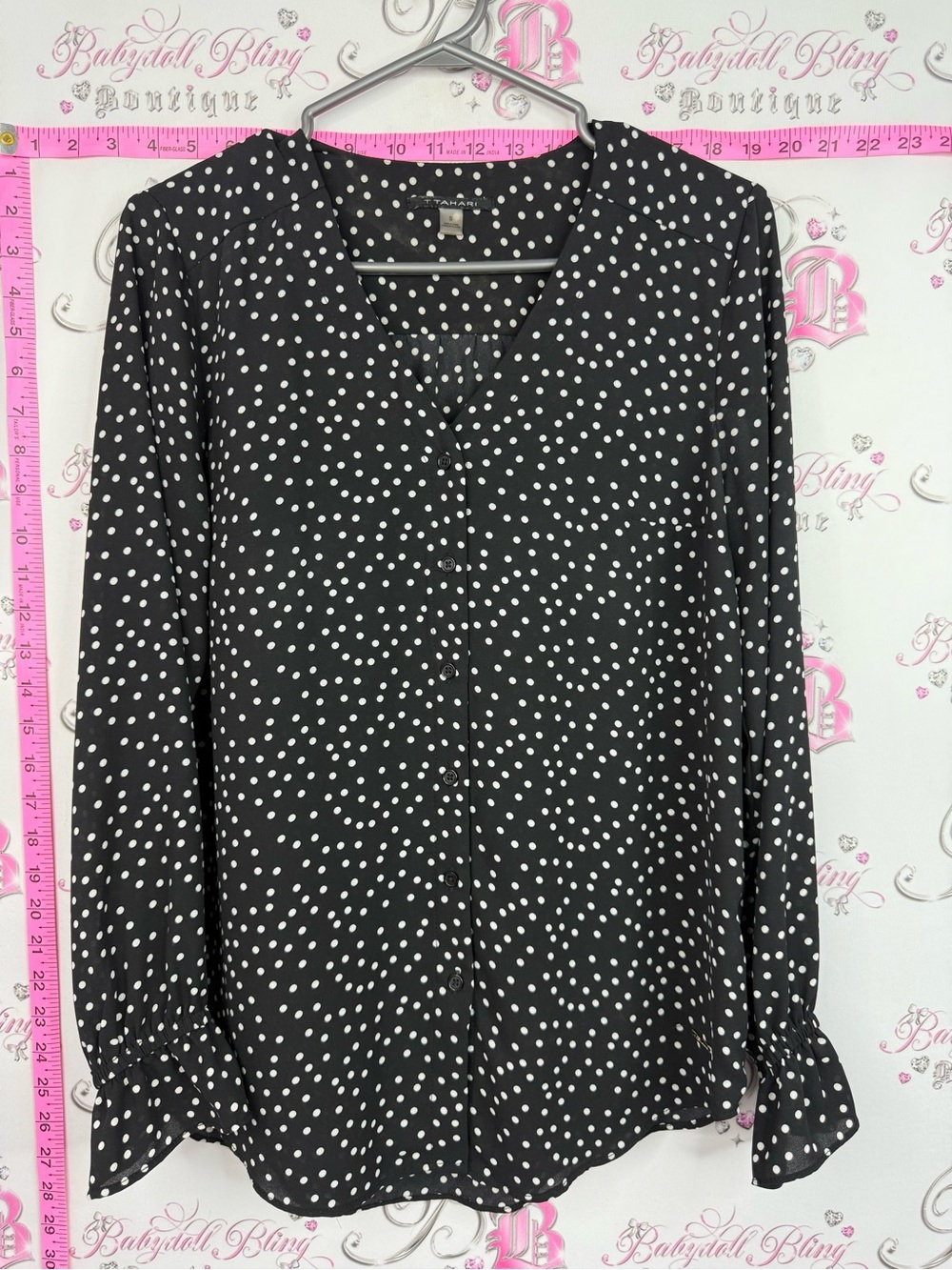 Tahari shirt Black Polka Dot V-Neck Button Front Blouse